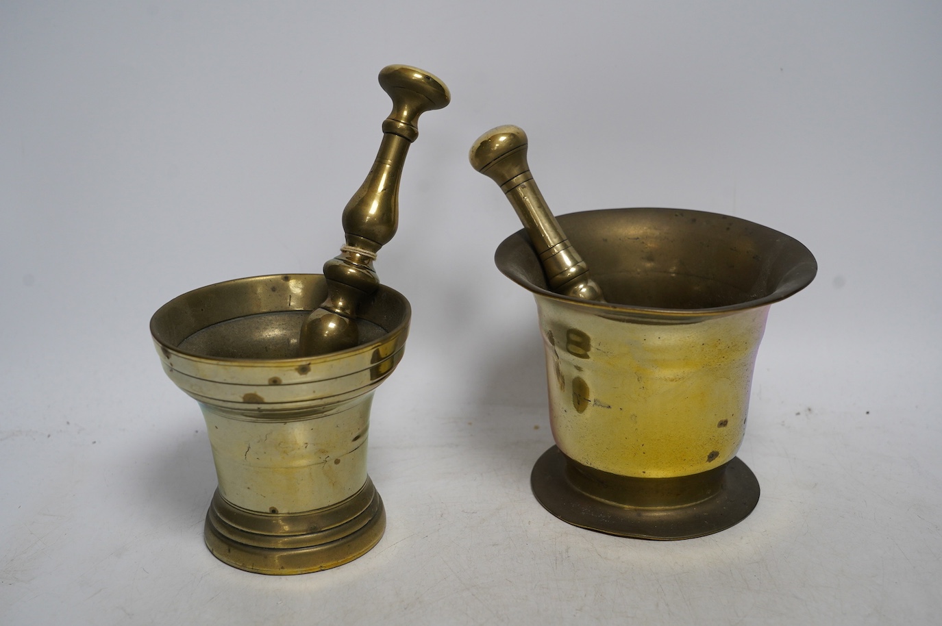 Two 19th century brass pestles and mortars. Condition - fair to good